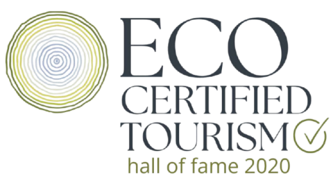 Eco Certified Tourism Hall of Fame 2020 logo with spiral icon.