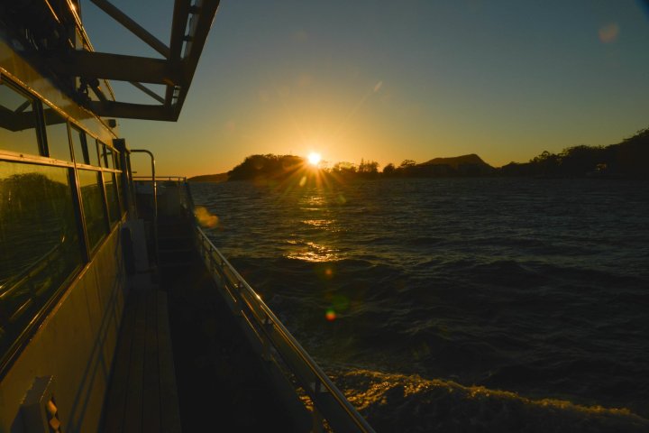 a view of a city at sunset
