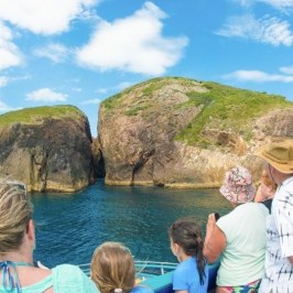 a group of people standing in front of a mountain