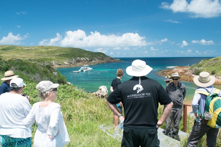 a group of people standing next to a body of water