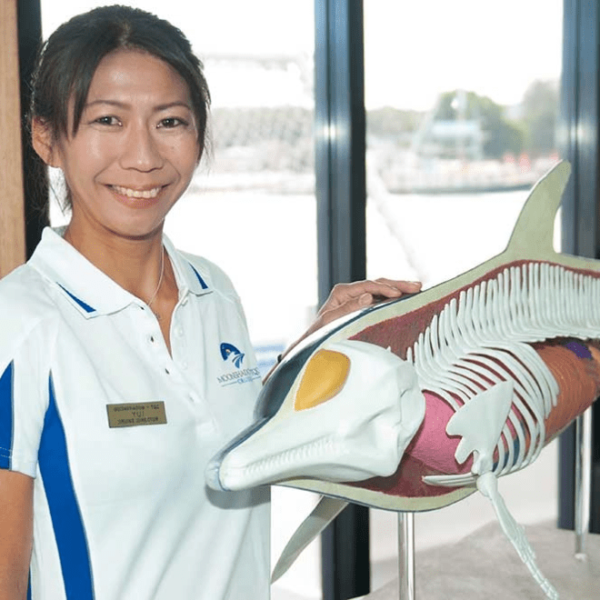 a smiling woman in front of a window