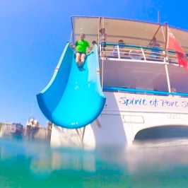 a blue and white boat in the water
