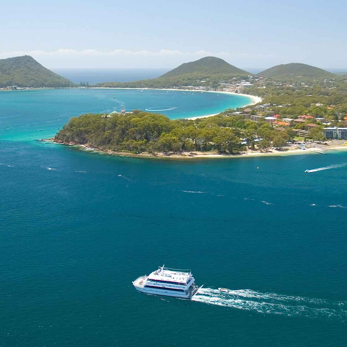 5 MSTQC M5 on Nelson Bay with Heads Drone (1) Whale Watching Moonshadow TQC Cruises Port Stephens