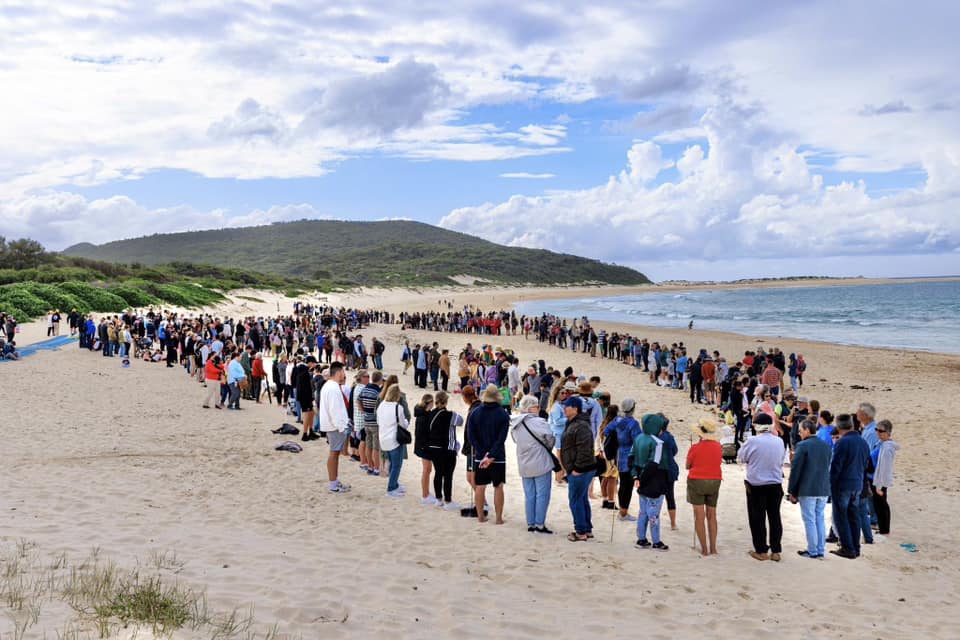 a group of people standing on top of a sandy beach