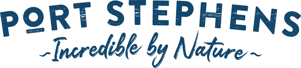 port-stephens-logo Text reads 'Port Stephens Incredible by Nature' in blue, decorative font.